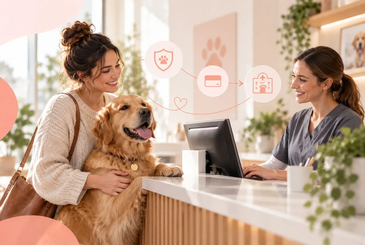 Owner and dog in a consultation area speaking with a professional across a desk
