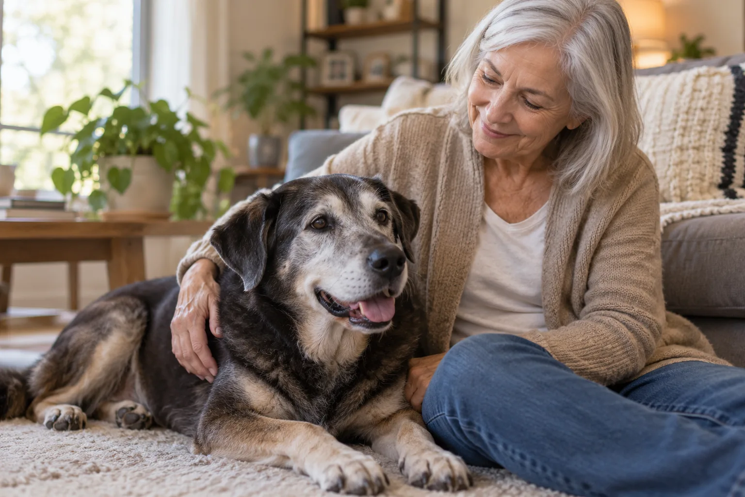 Older adult sitting beside a gray-muzzled dog at home